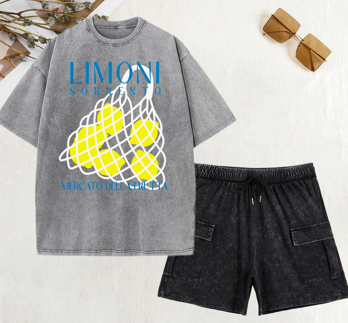 

Lemon Sorrento Fruit Creative Printing Washed Shorts Sets Casual Cotton T-Shirt Loose Fashion Women Streetwear Summer 2Pcs Set