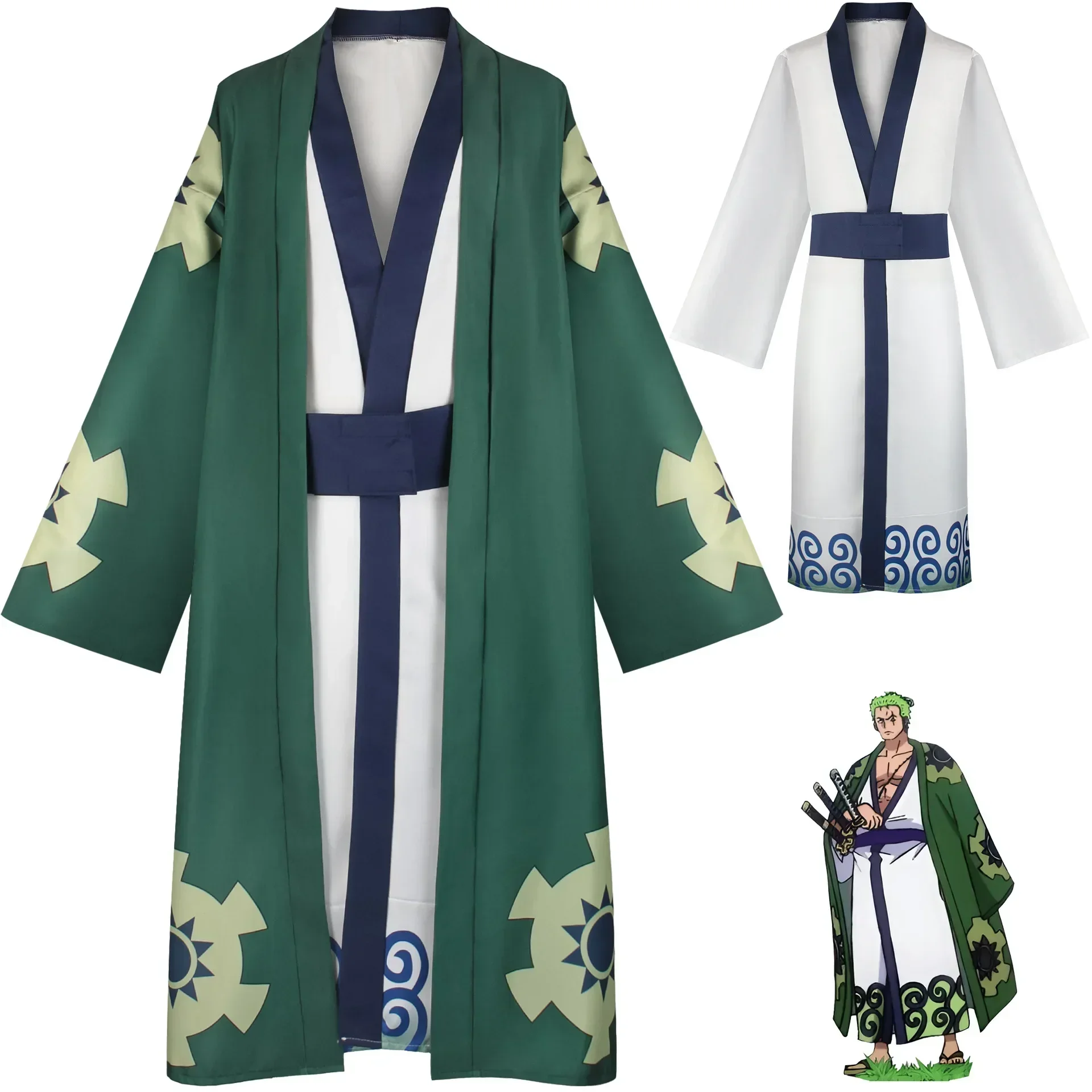 Anime Roronoa Zoro Cosplay Costume Wano Kuni Country Kimono Robe Zoro Wig Earrings Outfits Halloween Carnival Costume for Men