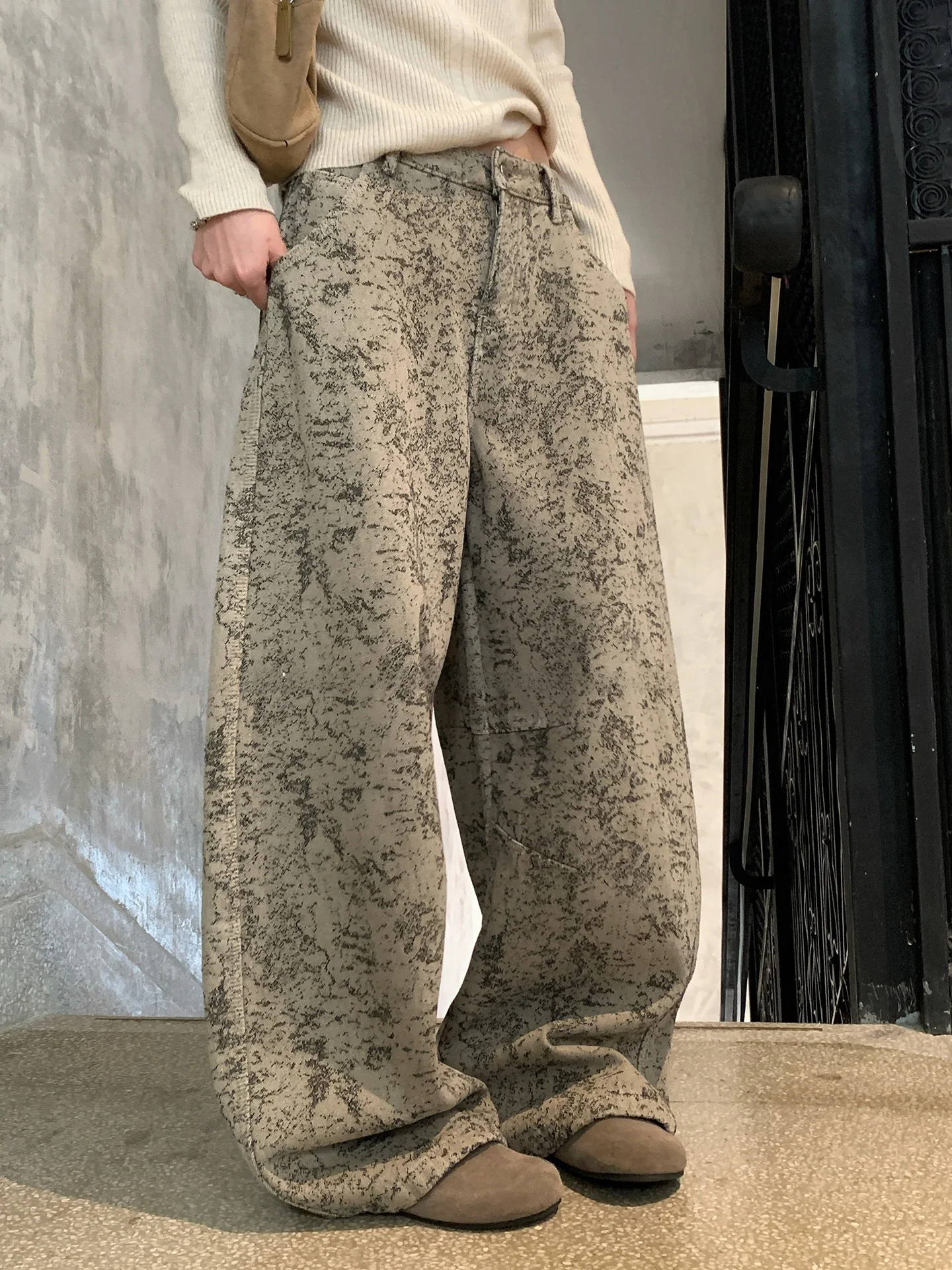 

Женские зимние утепленные джинсы GV с широкими штанинами, на флисовой подкладке, с ретро-принтом, премиум-качество, высокая талия