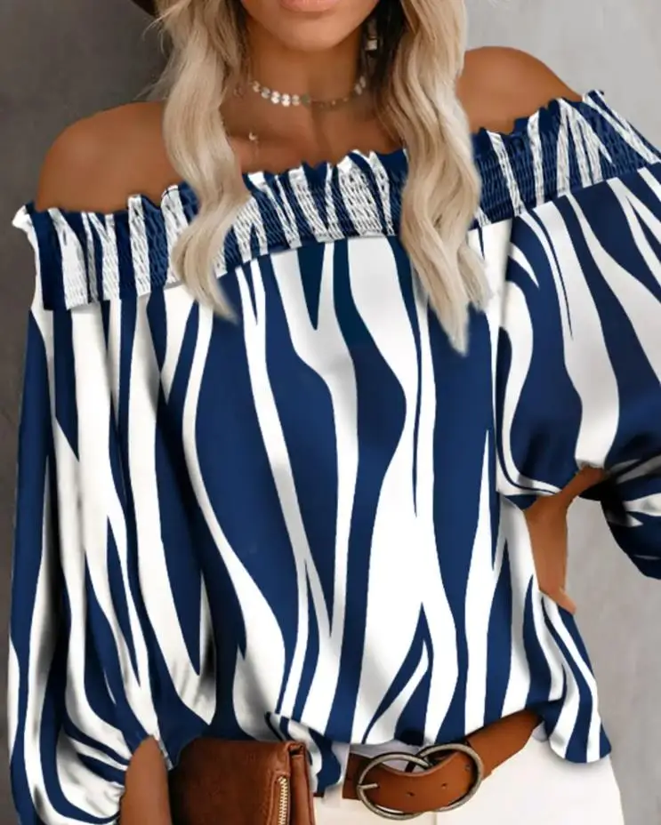 Women's Clothing Blouse Elegant Trendy 2025 Zebra Stripe Print Shirred Off Shoulder Lantern Long Sleeve Top Loose Casual Blouse