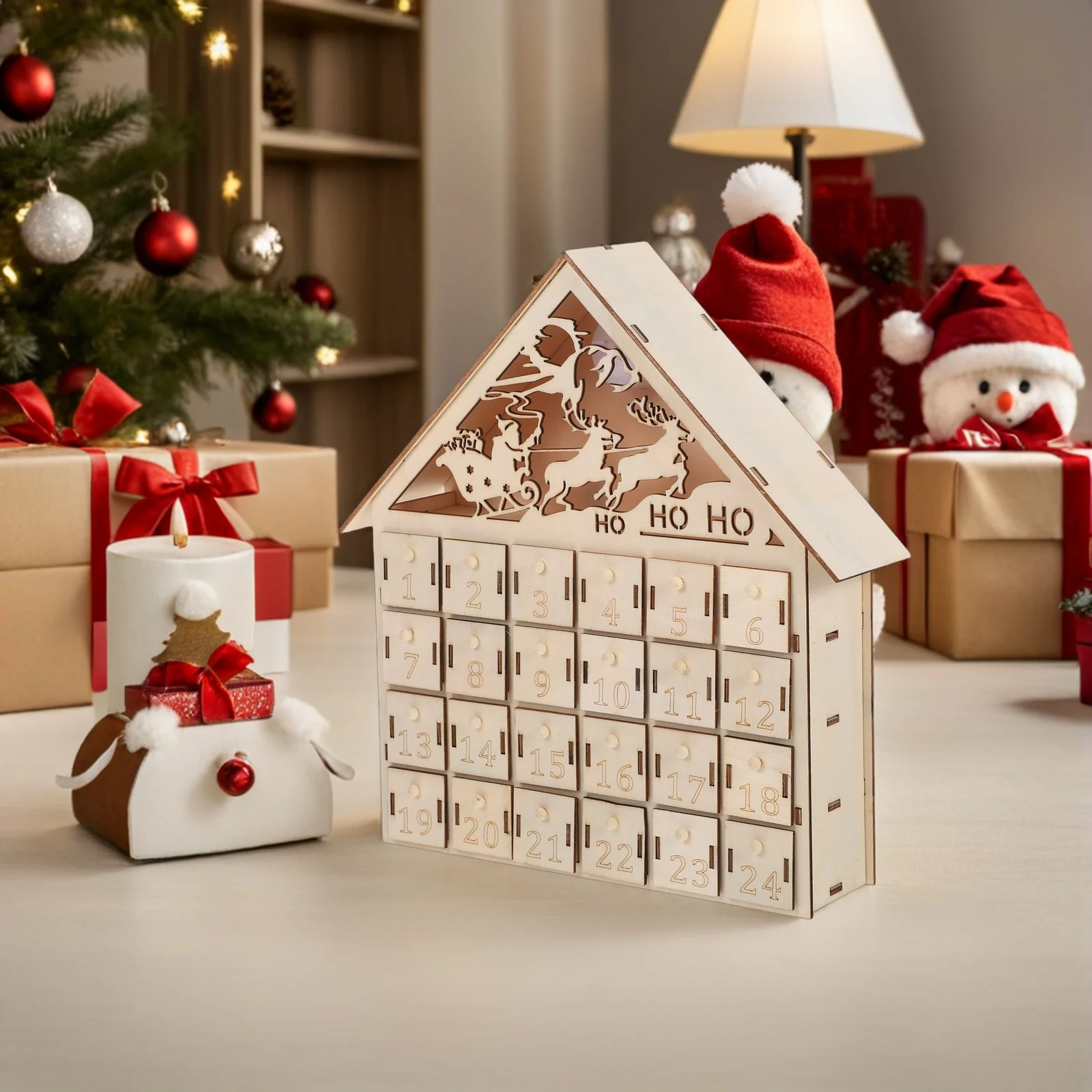 

LED Light Up Wooden Advent Calendar 24 Drawers Refillable Christmas Countdown Tabletop Decor Christmas Advent Calendar