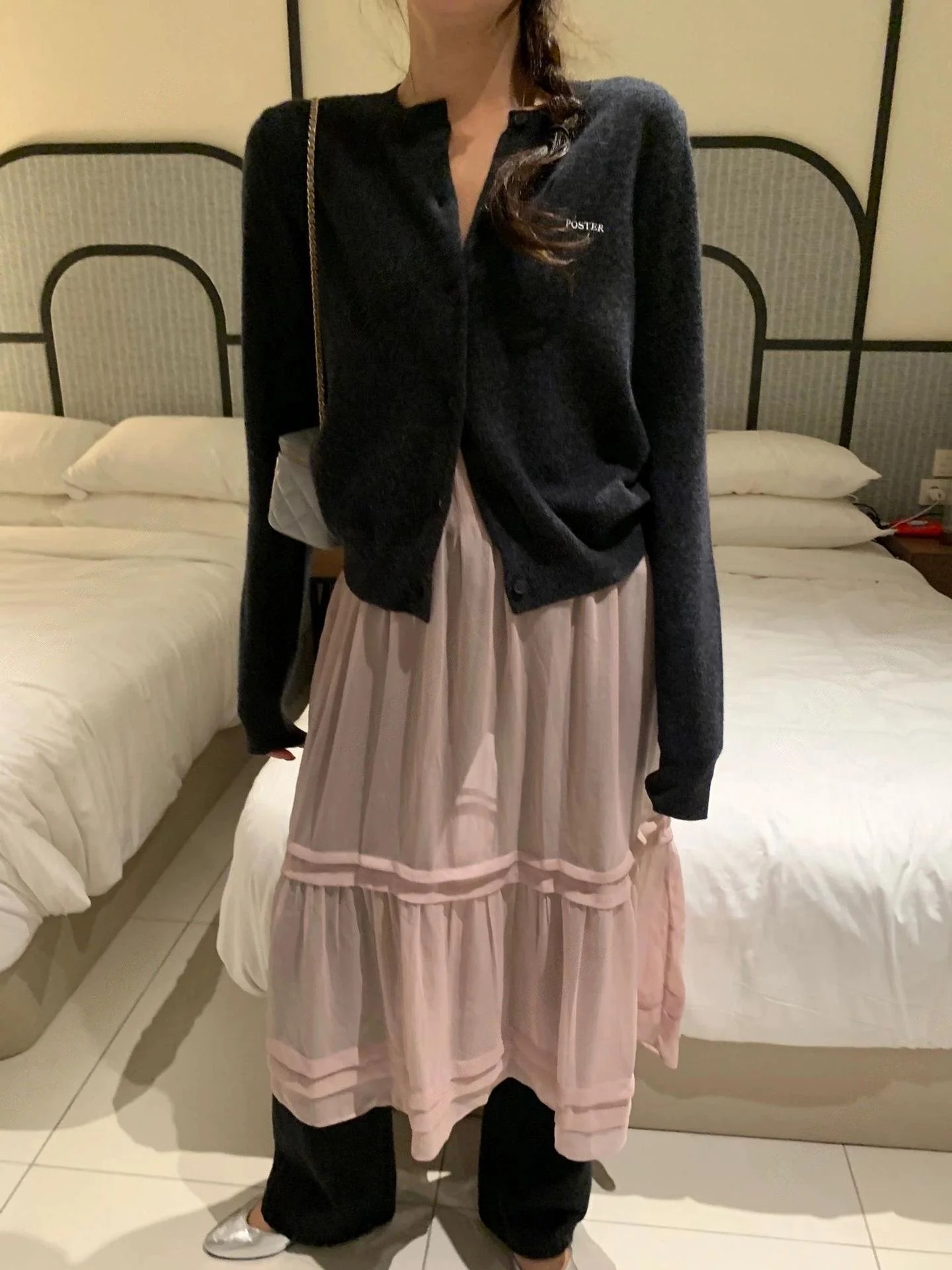 Gentle Lady Spring Dongdaemun See tough Overlap Strap Dr High Waist a Line Skirt Long Sve V Ne Single Button Closure