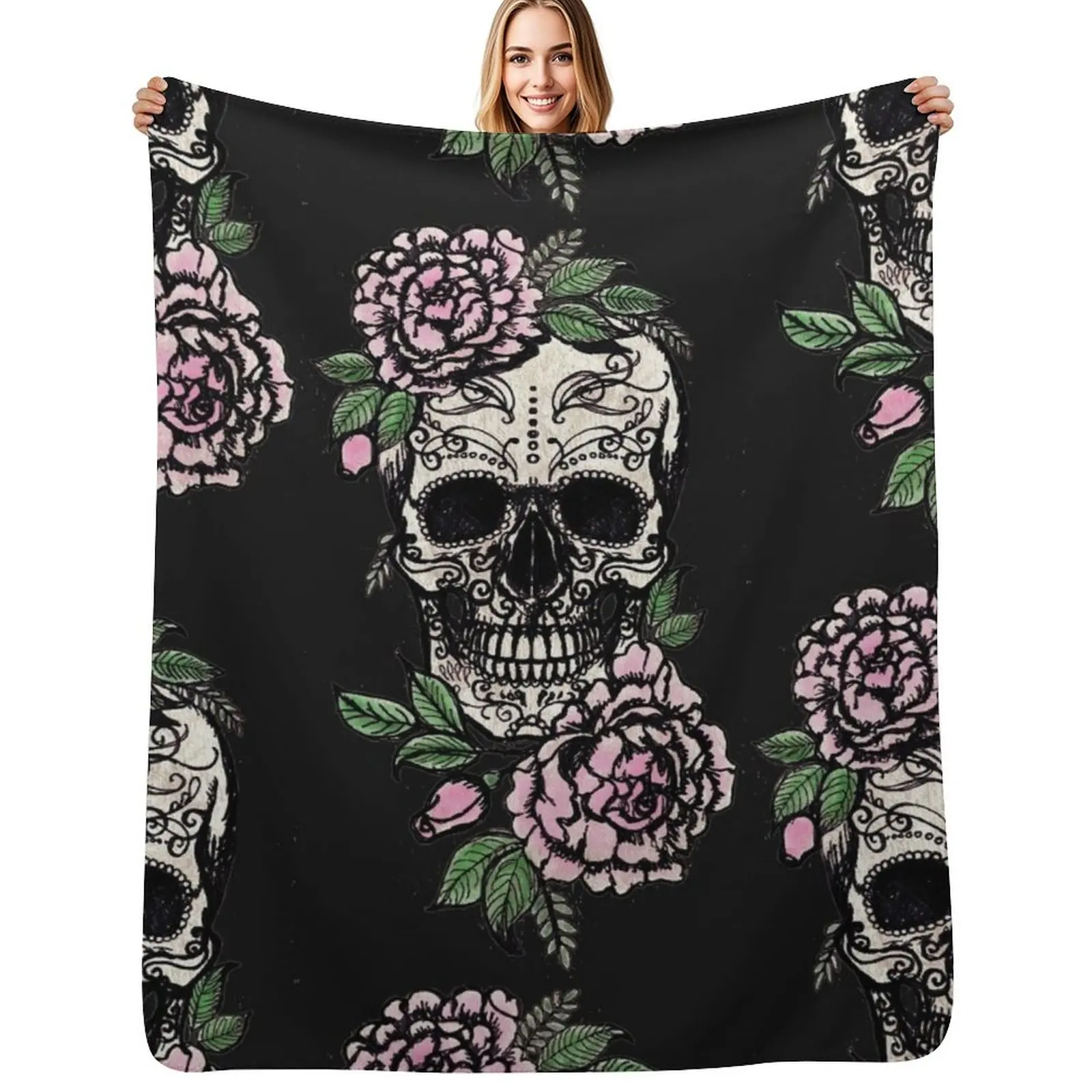 

Sugar Skull and Roses Throw Blanket Vintage For Sofa Thin Designers Sofa Blankets