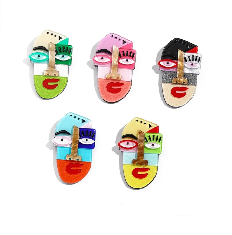 Acrylic Creative Face Brooches for Unisex Women Multicolor Face Figure Party Office Brooch Pin Gifts