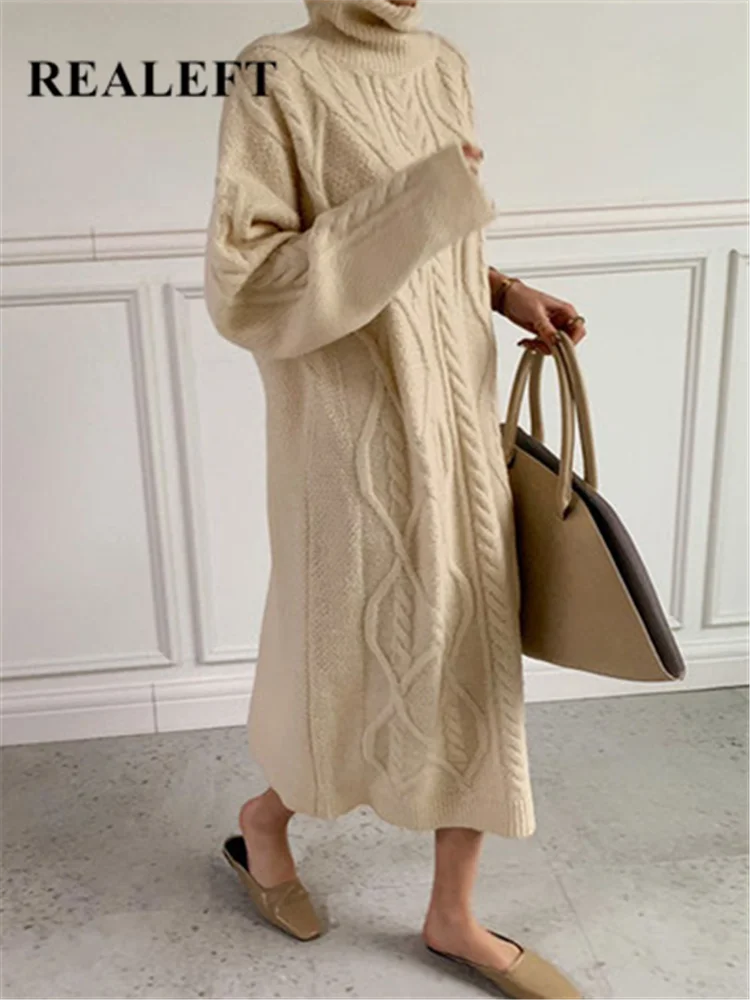 REALEFT Autumn Winter Oversize Turtleneck Knitted Women Dresses 2023 New Thicken Long Sleeve Casual Loose Sweater Dress Female