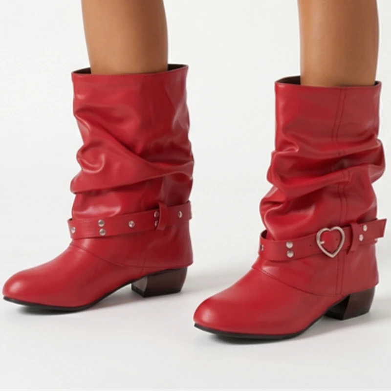 Pleasted Mid-calf Boots For Women Autumn Winter Shoes Block Low Heels Buckle Women's Short Boot Brown Red Black Large size 50