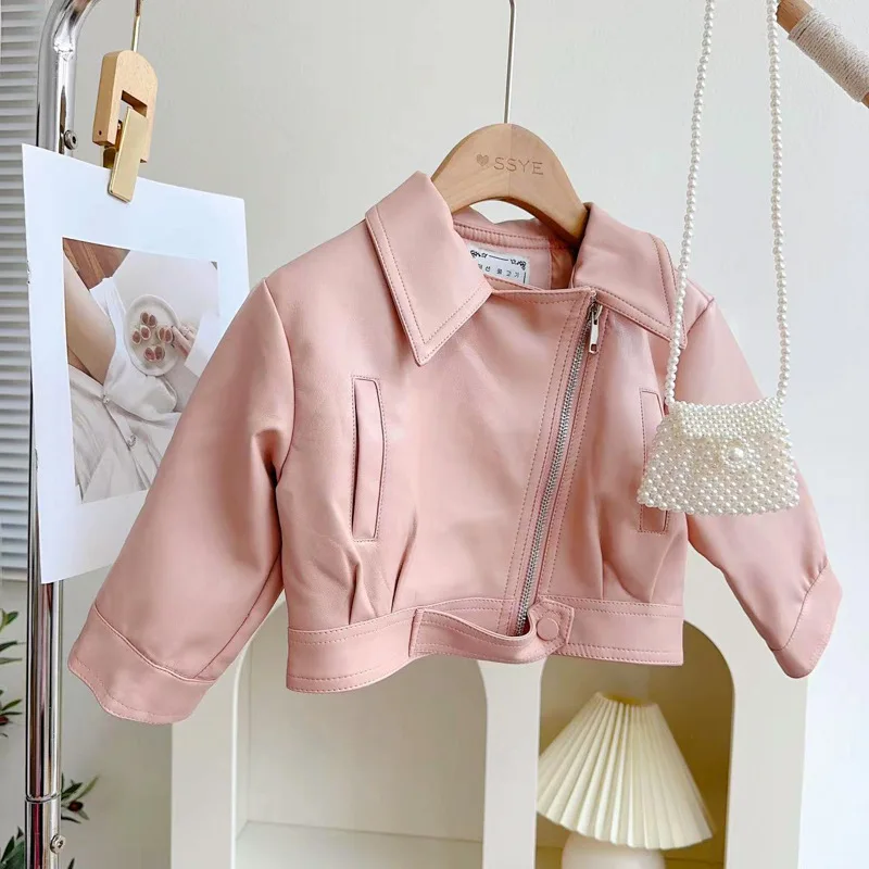 New Spring Autumn Leather Jacket For Girls Coat Fashion Waterproof Little Princess PU Outerwear 2Pcs 2-8 Years Old Kids Clothes