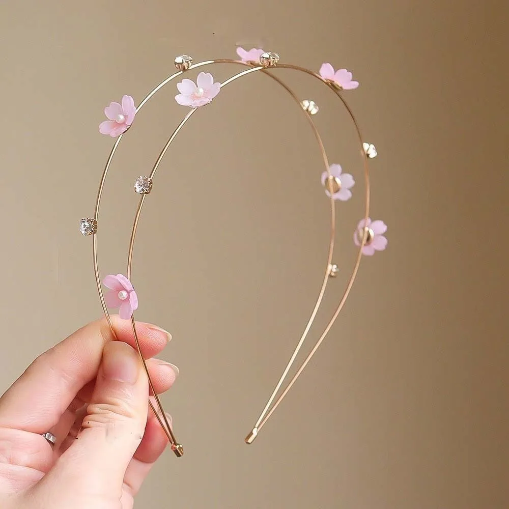 All-match Alloy Double Root Hair Bands Thin Waterproof Butterfly Head Hoop Rhinestone Metal Headdress Flower Hair Hoop Girls