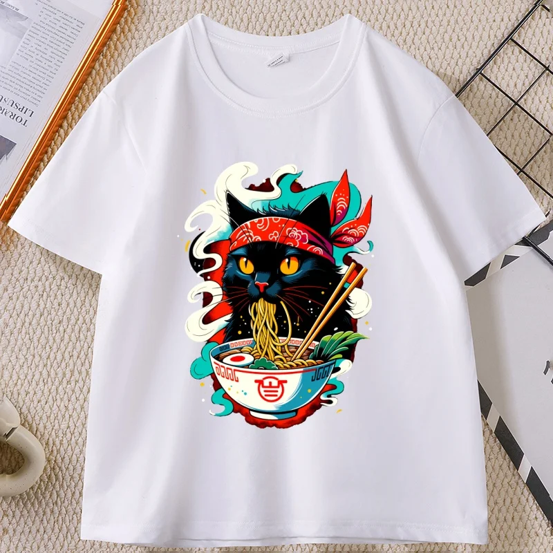 Men's Funny Cat Enjoying Noodle Bowl Graphic T-Shirt, Cute Kawaii Japanese Foodie Pet Tee, Retro Anime Style Loose Short Sleeve