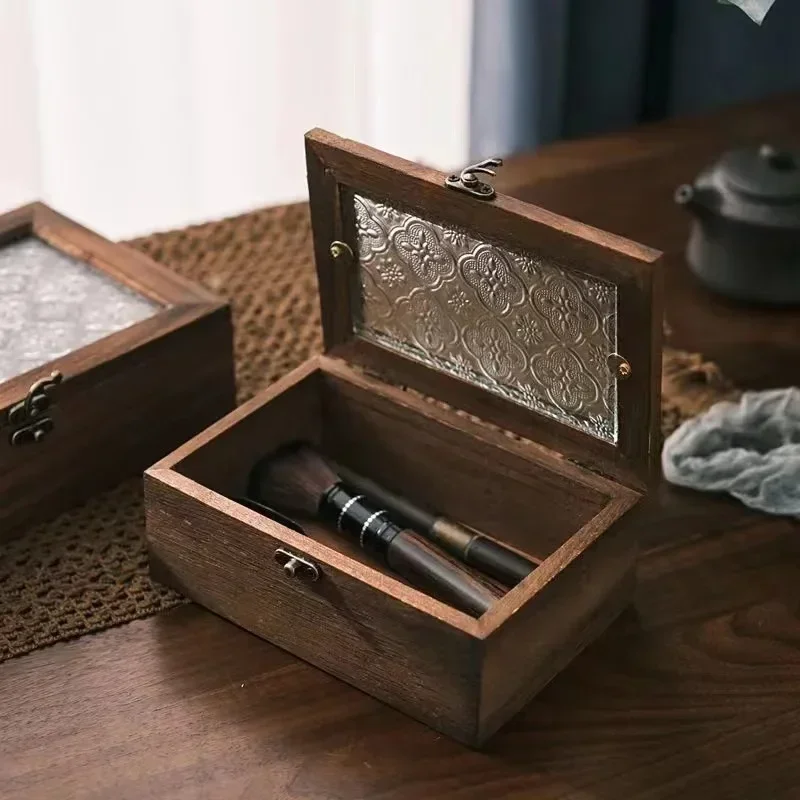 Vintage Haitang Flower Glass Storage Box Solid Wood Flipping Storage Cabinet Desktop Sorting Wooden BOX Makeup Table Decoration
