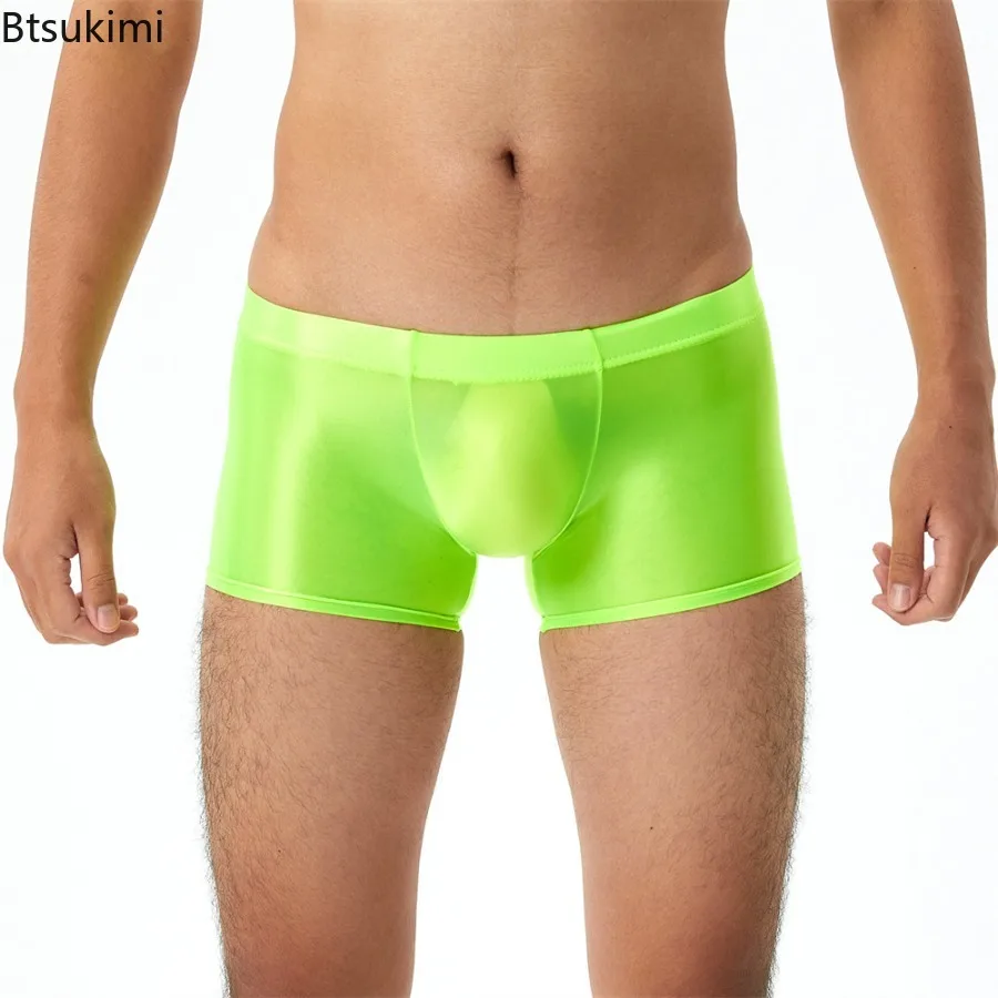 

Sexy Boxer Shorts Men's Oil Shiny Underwear Shorts Ultra-thin Translucent Panties Smooth Elastic Tight Underpants Sport Leggings