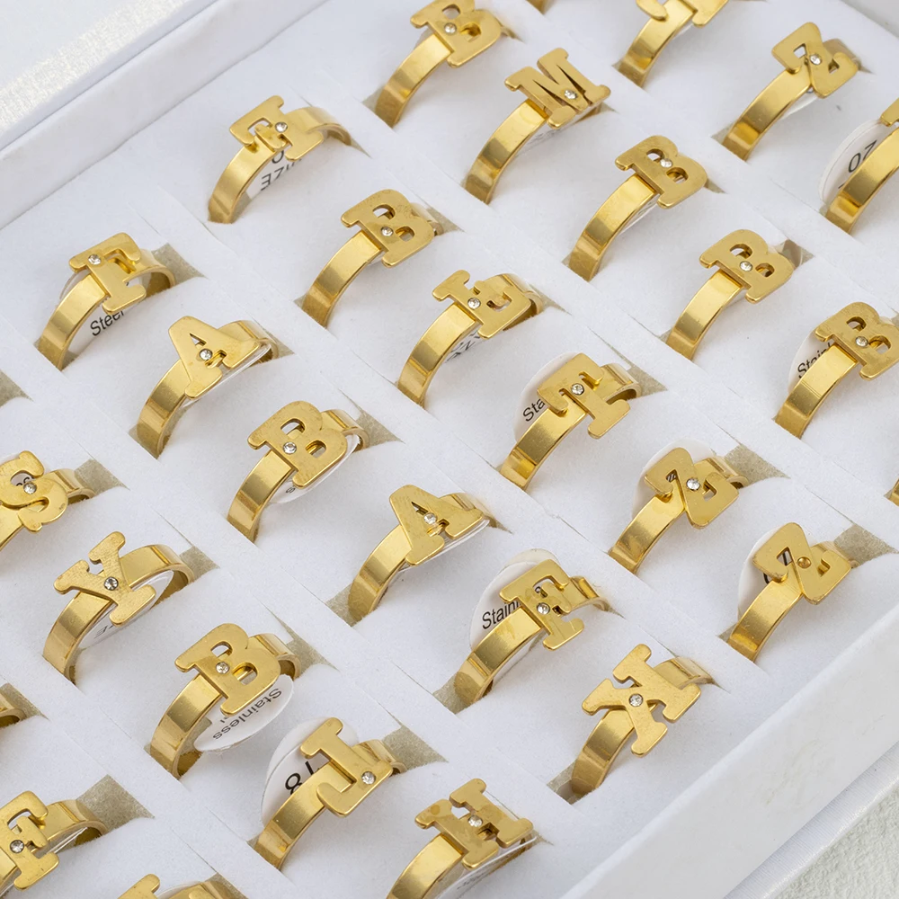 36 Pcs/Lot Stainless Steel 26 Letter Rings with Crystal 2023 Fashion Classics Couple Jewelry Wholesale Party Gifts