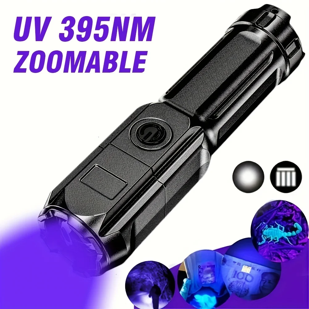 Linterna UV portátil E5, lámpara UV con zoom de 395NM, linternas ultravioleta para acampar, detección fluorescente de pilas para mascotas