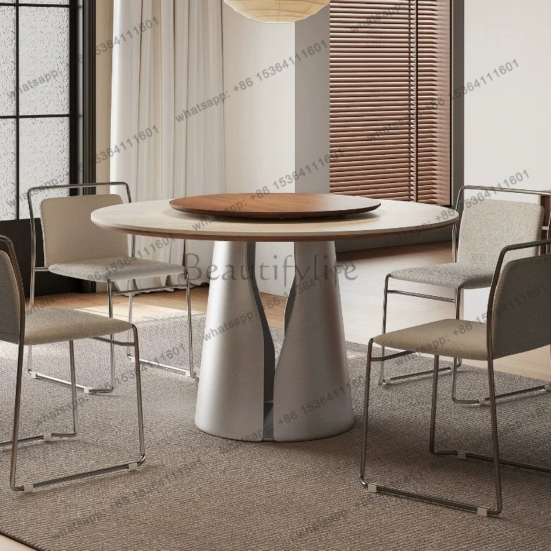 LJY Modern Luxury Travertine Rock Slab Round Dining Table Household High-end Stainless Steel Dining Tables Pliante Home Furnitur