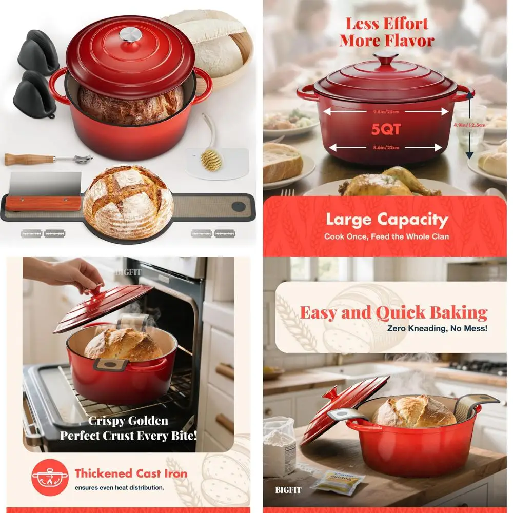 

Sourdough Baking Supplies: 5-Quart Cast Iron Dutch Oven for Bread and Banneton Proofing Basket