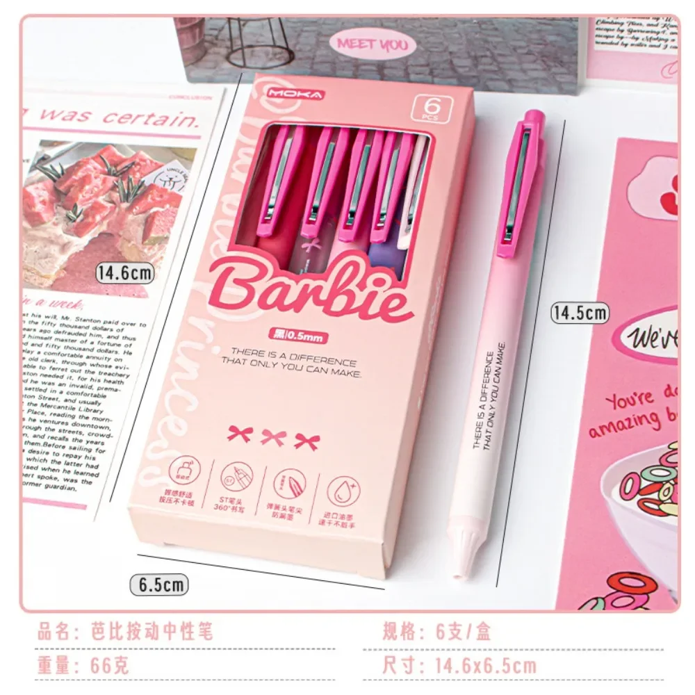 6pcs/set Kawaii Cute Barbie ST Quick-dry The 0.5 Mm Black Do Homework Diary Examination Gel Pen Pupil Stationery Festivals Gift