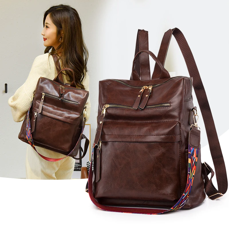 New 2024 Women Luxury PU Leather Backpack Travel Large Capacity Fashion Retro School Bag Shoulder Bag Wide Strap Girls Backpacks