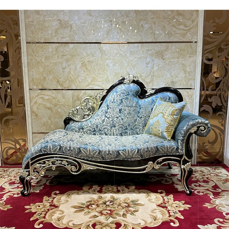 French luxury chaise longue, European-style bedroom solid wood beauty couch, living room chaise longue, fabric single