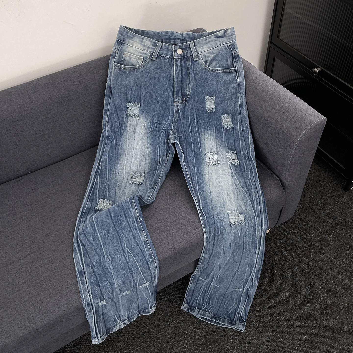 

American High Street Vibe Lightning Pattern Ripped Jeans Men's CleanFit Trendy Loose Straight Casual Pants Water Washed Low W...
