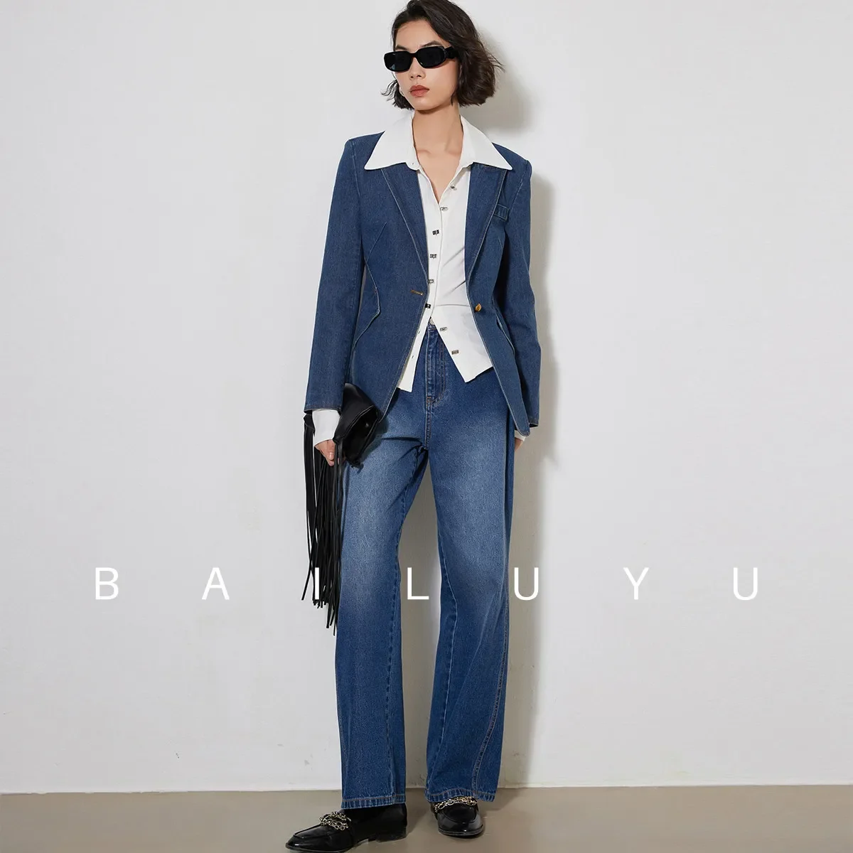LOUIS YAO Women Denim Coat 2024 Spring Autumn Retro Style One Button Jacket Elegant Fashion Turn Down Collar Long Sleeve Coat
