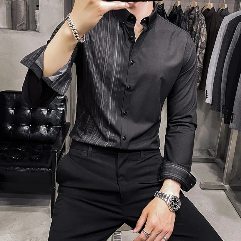 

Thin Autumn Winter Formal Shirts Business Casual Loose Handsome Turn-down Collar Asymmetrical Man Men's Clothing Spring Summer