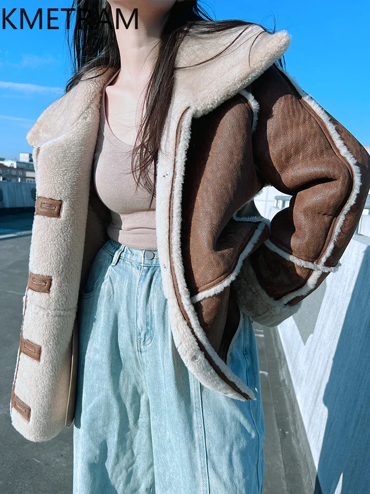 Damska kurtka z prawdziwej wełny owczej, dwustronna, w stylu vintage, brązowa, motocyklowa, zimowa odzież damska 2025 шуба женская