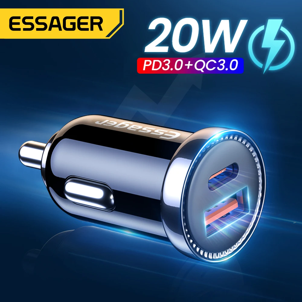 Essager Mini USB Car Charger 20W QC 3.0 Type C ชาร์จโทรศัพท์สำหรับ iPhone 12 Pro Max dual USB รถชาร์จ