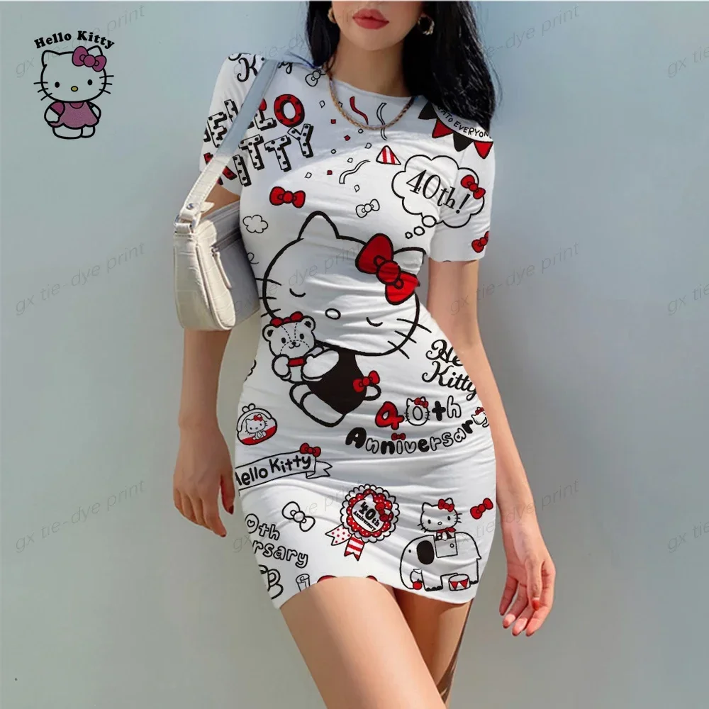 Hello Kitty Print Bodycon Cami Midi Dress Boho Short Sleeve Skinny O Neck Slim Vacation Wrapped Skirt Summer Mini Dress Hot Sale