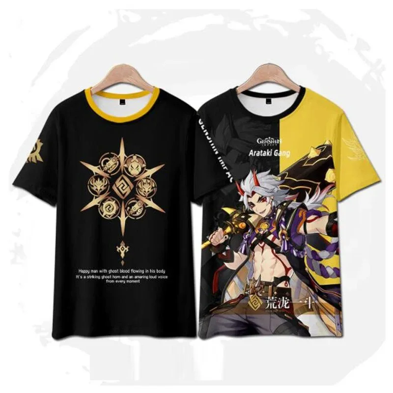 Anime genshin impacto arataki itto 3d t camisa das mulheres dos homens verão moda manga curta engraçado tshirt gráfico