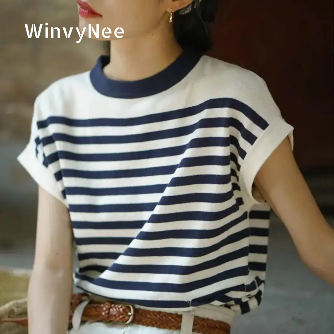 WinvyNee – vêtements d'été pour femmes, hauts sans manches en laine, col rond, t-shirts à demi-manch