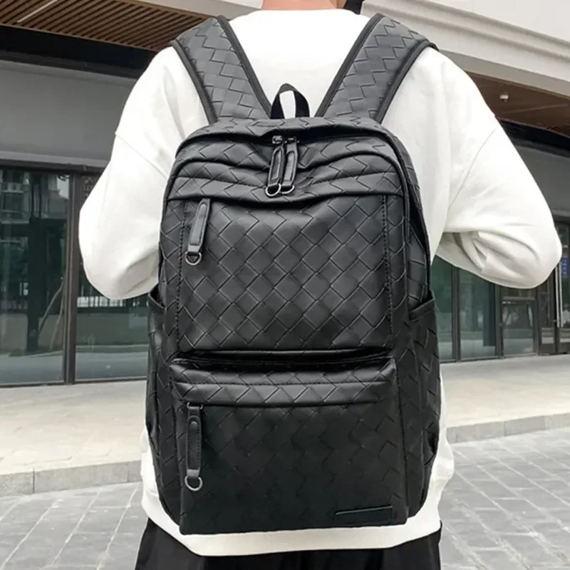 Solid Black Men\'S Backpack Weave Leather Travel Backpacks Male Waterproof School Backpack Women Large Capacity Laptop Bag