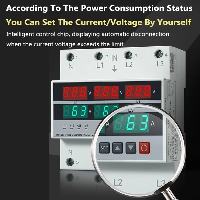 63A/100A 3 المرحلة قابل للتعديل أكثر وتحت الجهد حامي حماية التيار الزائد Din السكك الحديدية الفولتميتر مقياس التيار الكهربائي التبديلات حامي #3