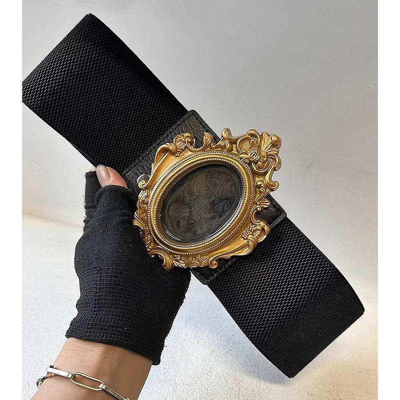 Retro Baroque court style leather belt exaggerated personality resin golden frame elastic belt Fashion women's dress coat  belt