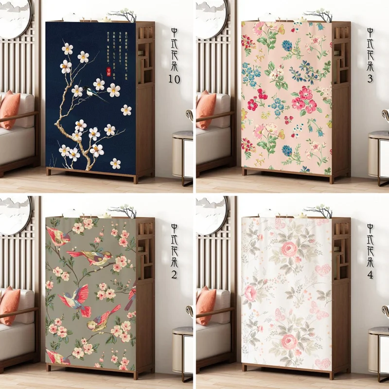 VIKAMA Cabinet Door Curtain Chinese Rose Butterfly Print Dresser Cover for Cupboard Shelf Storage Cabinet Oriental Home Decor