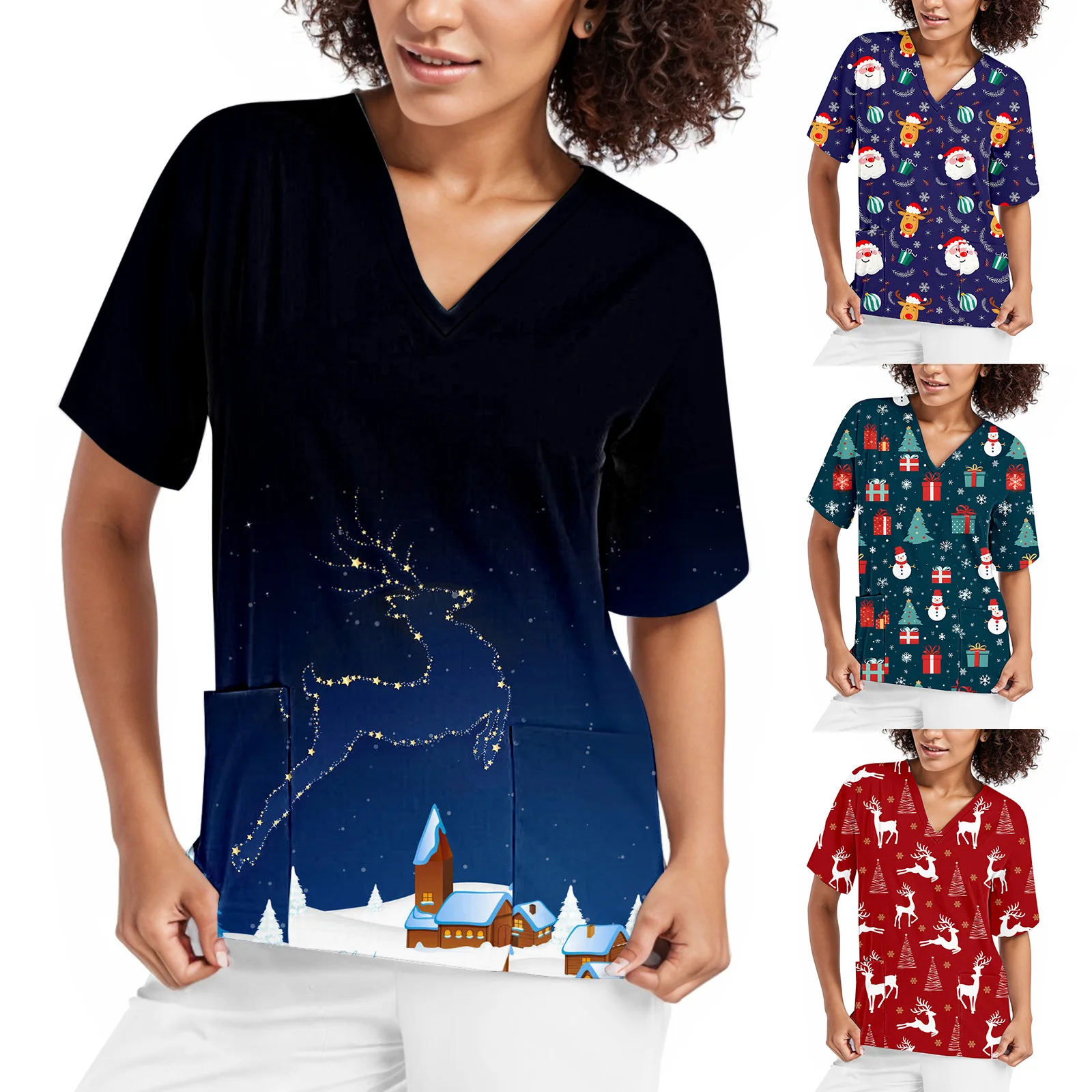 Uniforme de enfermera de Navidad para mujer, Tops con estampado de alce de dibujos animados, monos de bolsillo de manga corta, uniformes médicos, blusa de enfermería