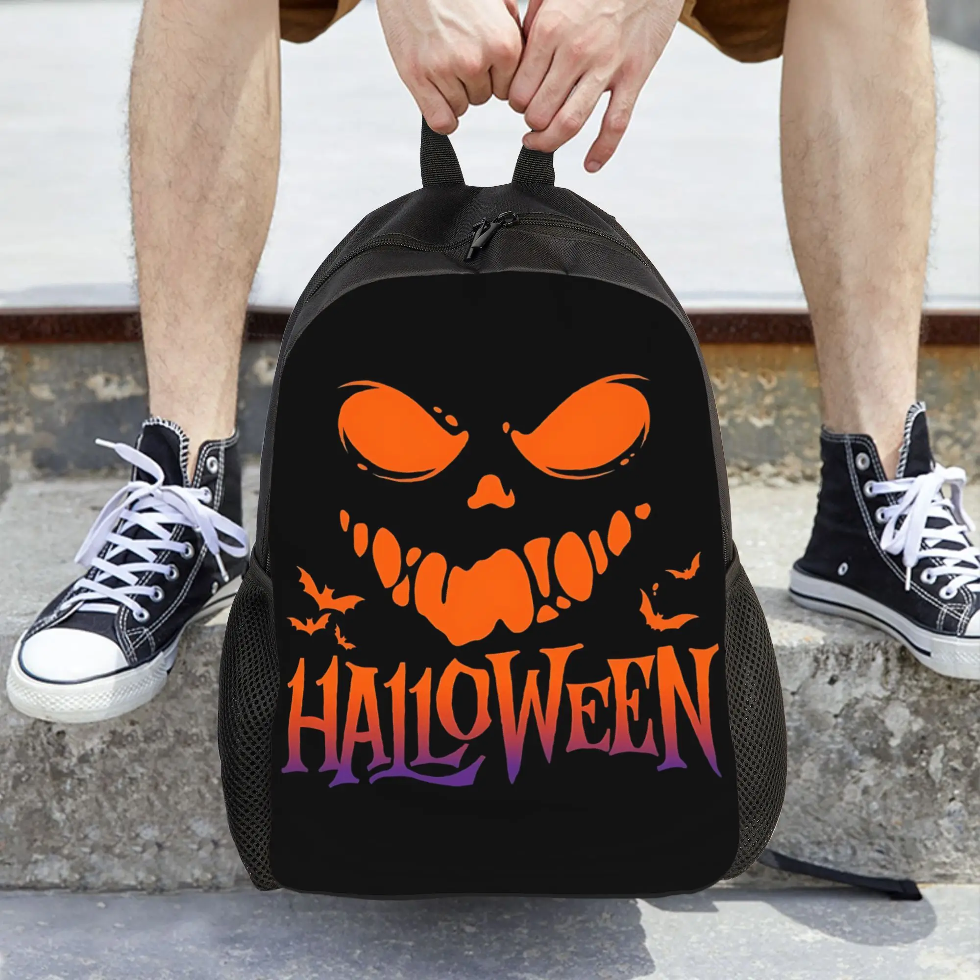 Fashion Halloween Print Pumpkin Face Text Art Print backpack  mochila Harajuku Design Journey Large Capacity Rucksack