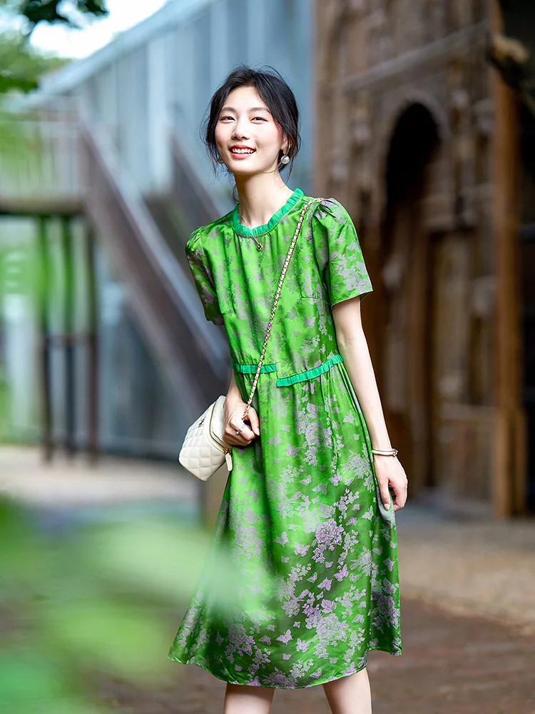 Winsleter-여성 45% 실크 55% 레이온 우아한 드레스, O 넥 반소매 자카드, 복고풍 기질 드레스, 2025 여름 D57169CC