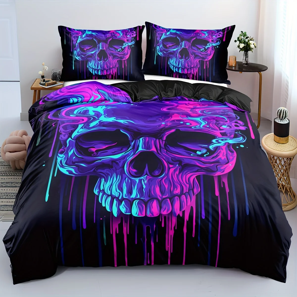 Gothic Neon Skull Duvet Cover Set - 3D Digital Print Breathable Polyester Bedding Set with Zipper Closure - All-Season Comforter