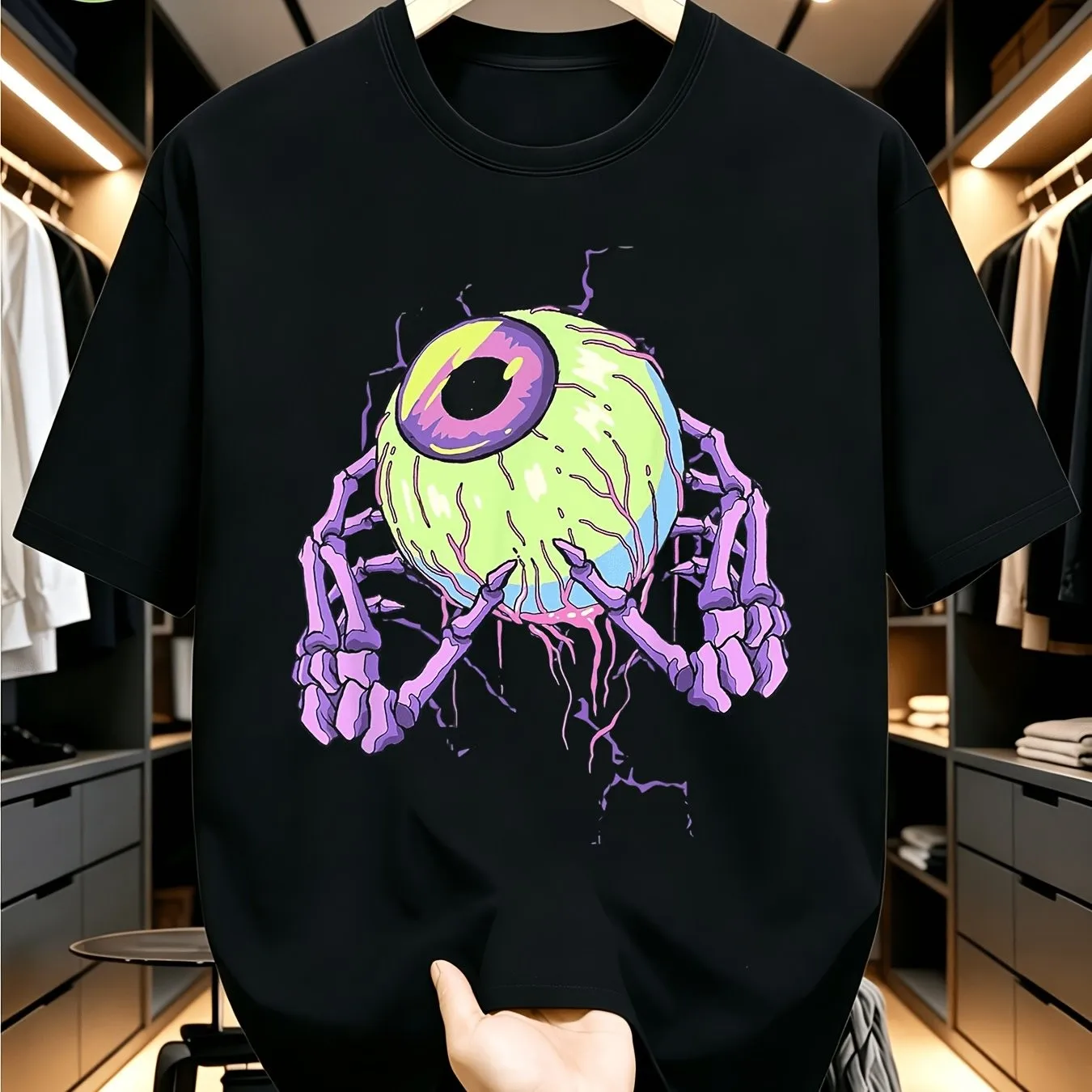 Pastel Gothic Style Pattern T-Shirt Black with Green And Purple Eye Design Soft Halloween Top Suitable for Gothic Parties