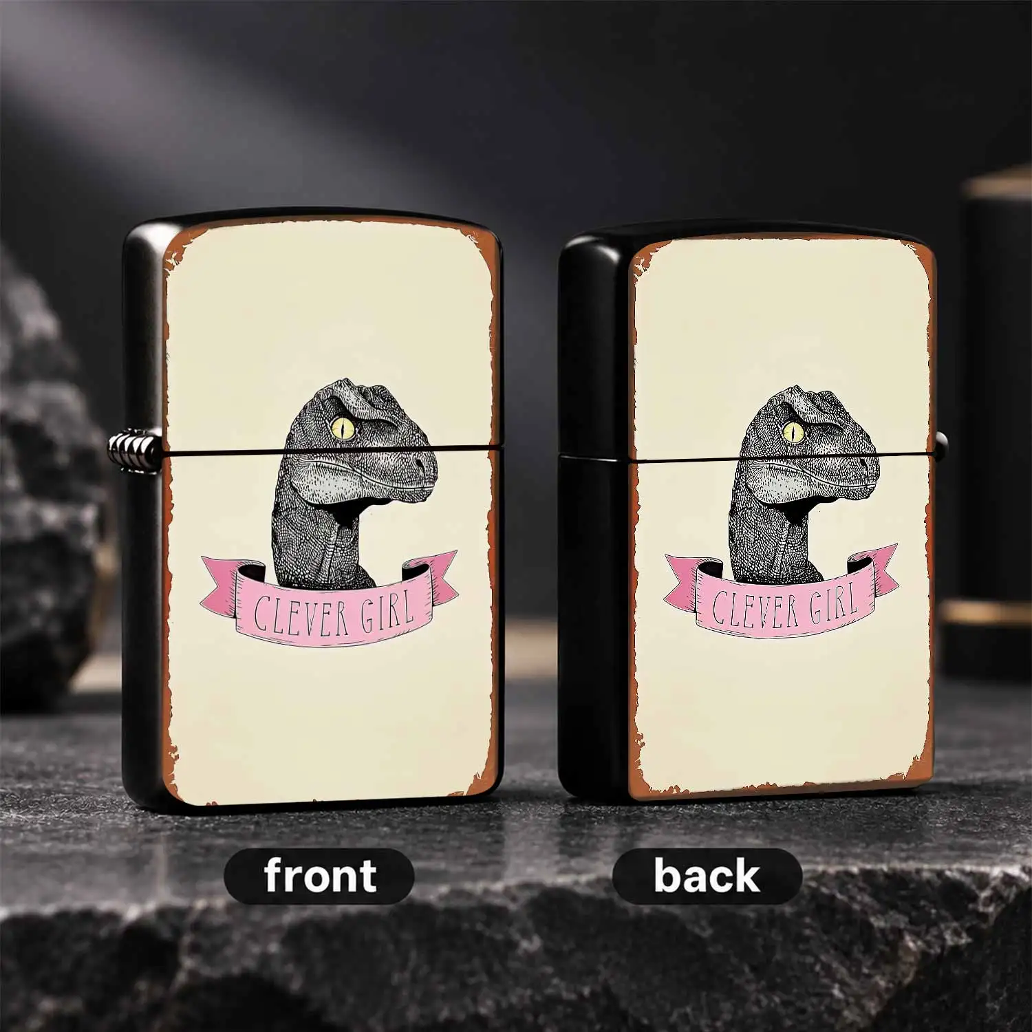 Vintage Distressed Style Jurassic Velociraptor Themed Lighter Creative Fun CLEVER GIRL Pattern Portable Daily Accessory Ideal for Gifting Multi-scene Use Delicate Practical Decorative Present for Dinosaur Enthusiasts A Humorous And Interest