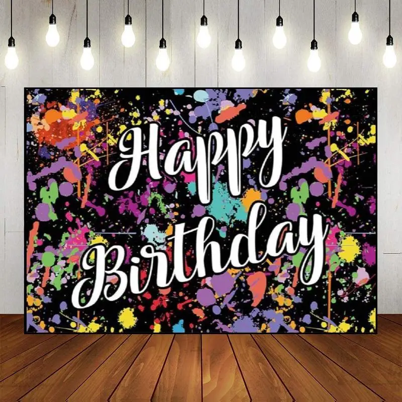 Photo Decoration Light Custom Party Backdrop Wall Baby Shower Neno Glow Theme Background Splat Graffiti Colorful Happy Birthday