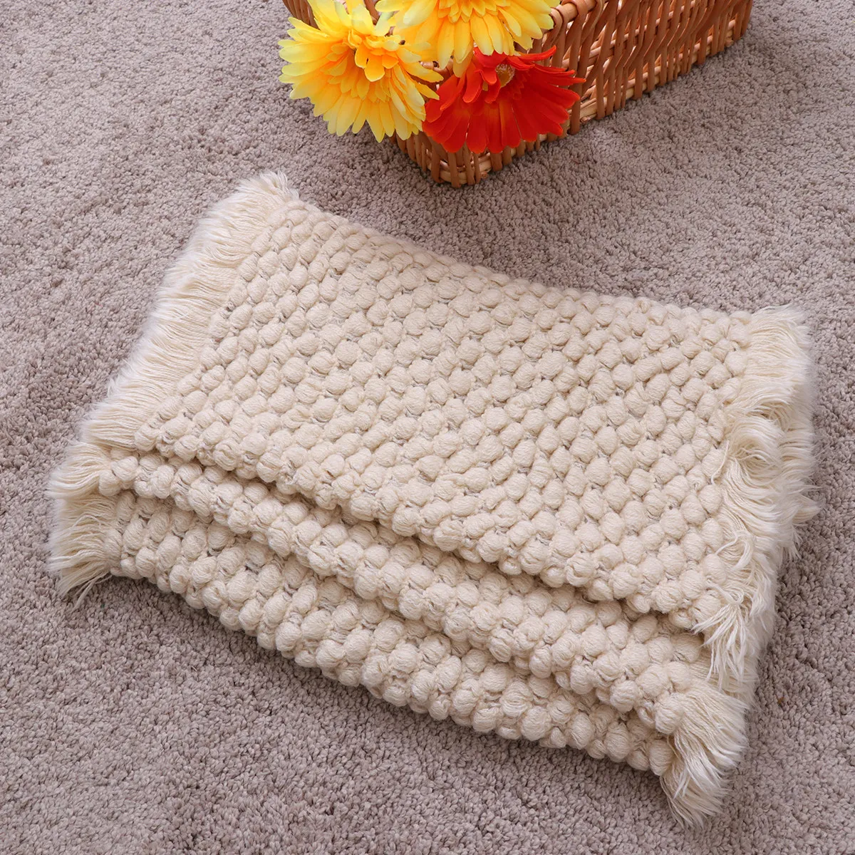 Extra Large Baby Photo Prop Blanket Cotton Knit Pineapple Pattern Newborn Sleeping Comfortable Skin Safe Beige