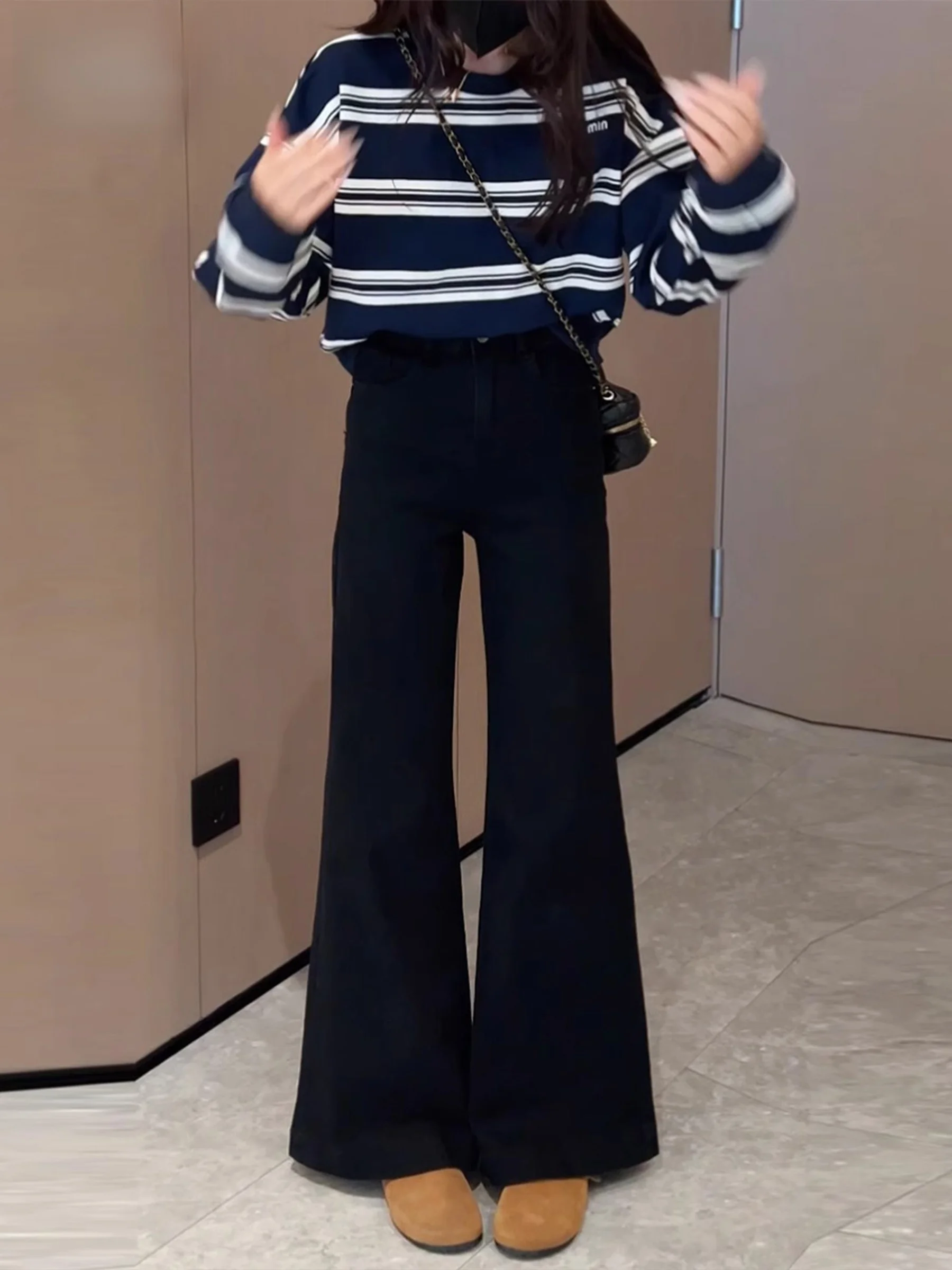 

Женские джинсы с высокой талией, расклешенные, свободного кроя, эластичные, черные, из денима, летние, новый стиль, повседневные, с карманами, на молнии, размер S