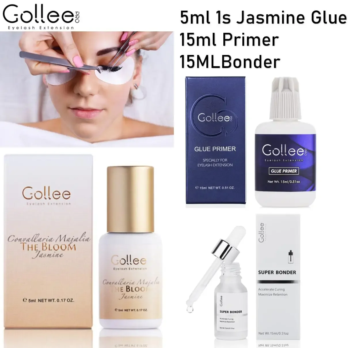 

Gollee SCENTED Eyelash Extension Glue & Lash Primer & Super Bonder 1 Sec Fast Drying 6-8 Week Black Adhesive Professional Use