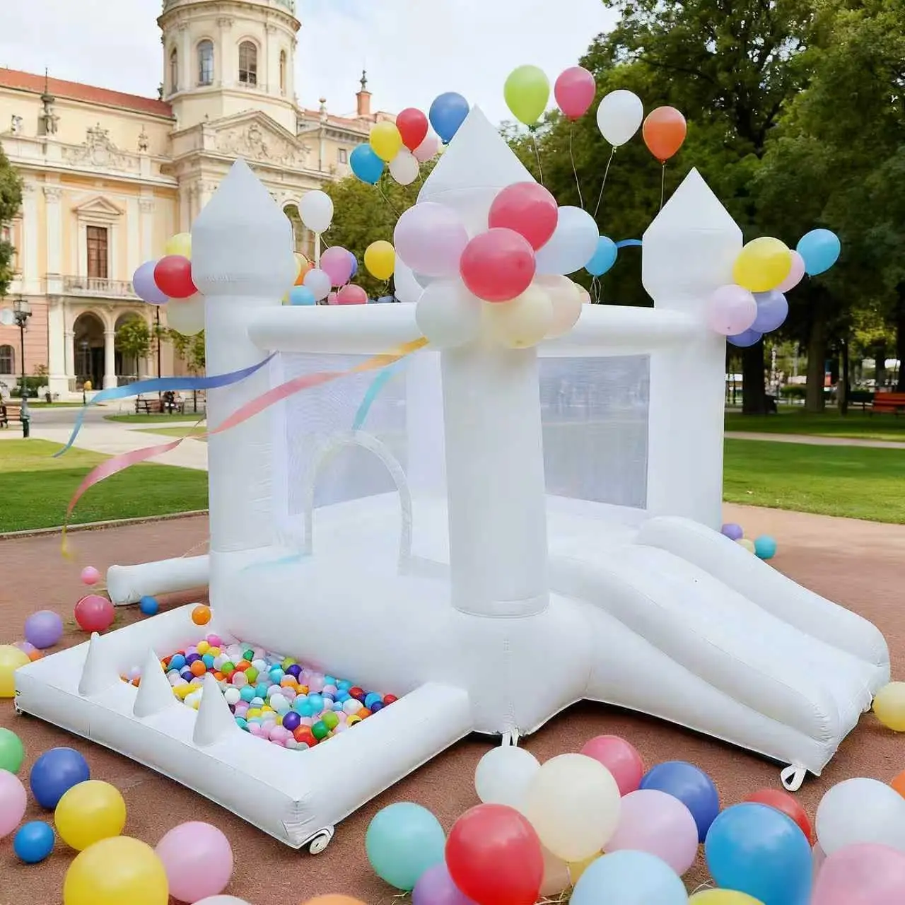 White Bounce House, Indoor and Outdoor Bouncy Castle, Inflatable Bounce House with Ball Pit & Slide, Bounce House for Kids Ages