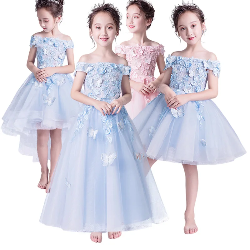 Elegant Blue Tulle Princess Dress for Kids Pink Butterfly Birthday Party Dress for Girls 1-14 Girls Pageant Performance Gown