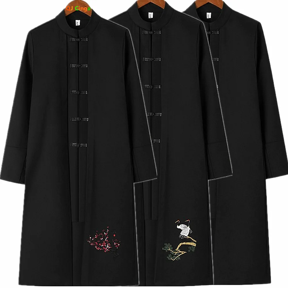 

Мужской черный плащ в китайском стиле, однобортная длинная куртка с воротником-стойкой и вышивкой, массивный мужской топ в винтажном стиле.