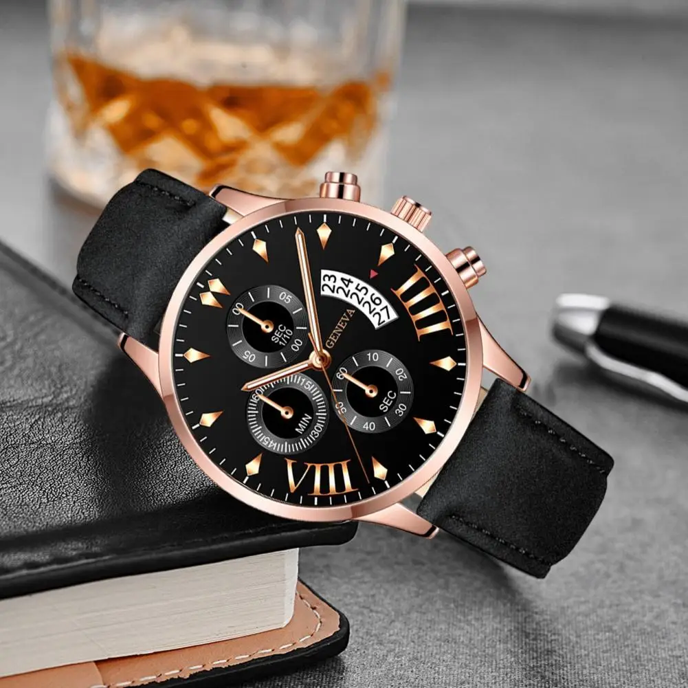 Men Watch High Accuracy Men's Quartz Watch with Adjustable Faux Leather Strap Round Dial Three Small Dials No Delay