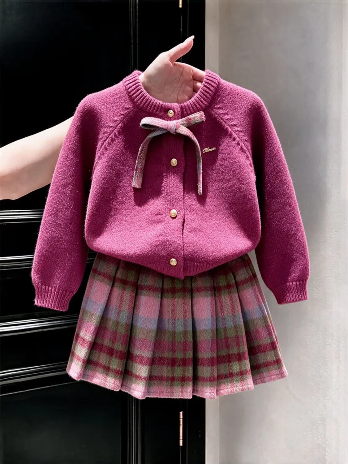 Girls Clothing Sets Autumn Winter 2026 New Fashion Children Bow Knit Cardigan and Pleated Skirt 2-Piece Kids Outfit Clothing