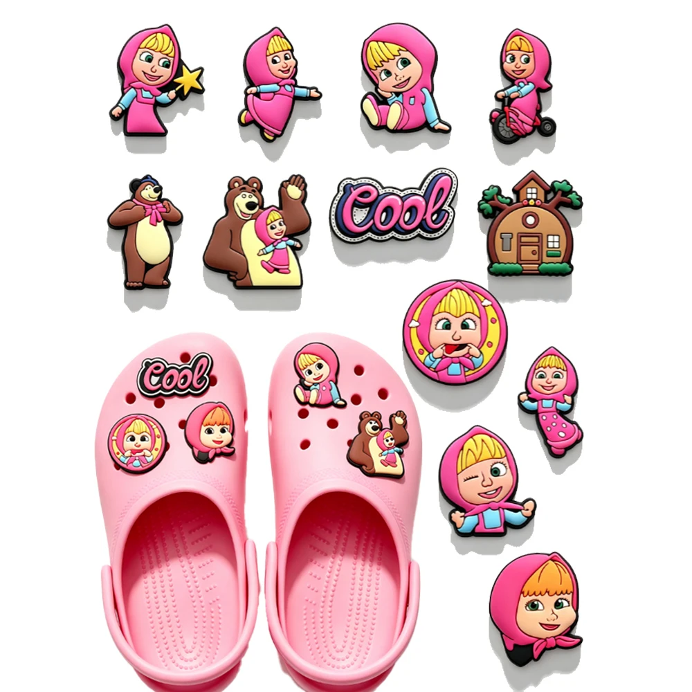 4-12PCS Cartoon Shoe Charms Set, Pink Girl & Bear Themed Shoe Decorations for Party Gifts